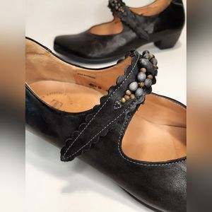 THINK! Black Leather Mary Jane Pump Women's EU 42 Beaded Hook & Loop Str…